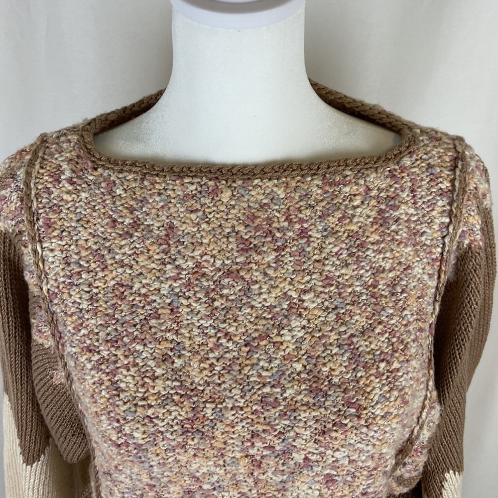 Handmade Knit Boho Sweater Tan Cream Pastel Cozy Cottagecore Large Chunky - Picture 5 of 14